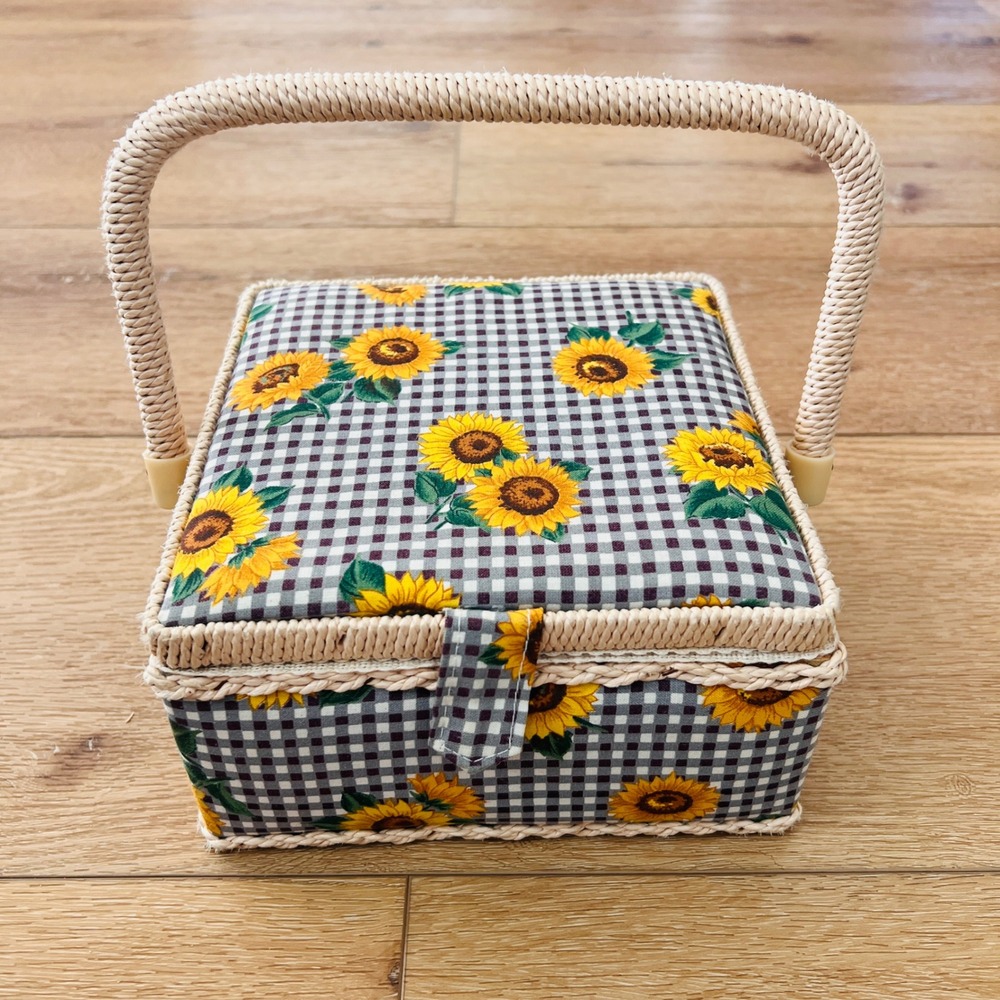 Vintage Azar Sunflower Gingham Sewing Basket Wicker Handle Craft Organizer Box